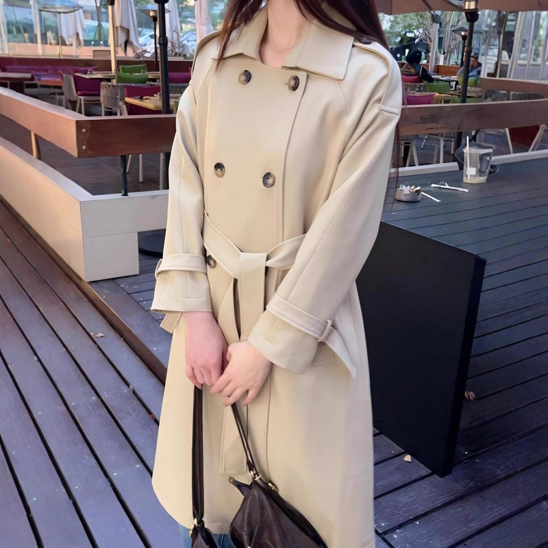 Khaki Trench Coat for Women 2026 Spring and Autumn New Korean Style Slim Fit British Style Double-Breasted Long Trench Coat for Women Khaki Trench Coat for Women 2026 Spring and Autumn New Korean Style Slim Fit British Style Double-Breasted Long Trench Coat for Women