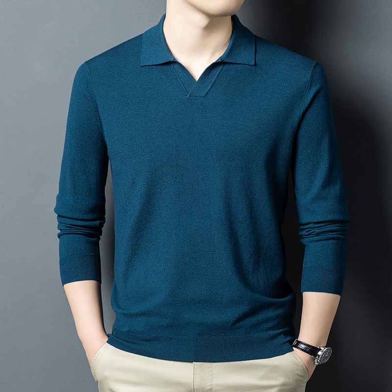 2025 New Autum Middle-Aged Men's Fashion Long-Sleeved T-Shirt Trendyy Scissor Collar Casual Versatile Boutique Wool T-Shirt