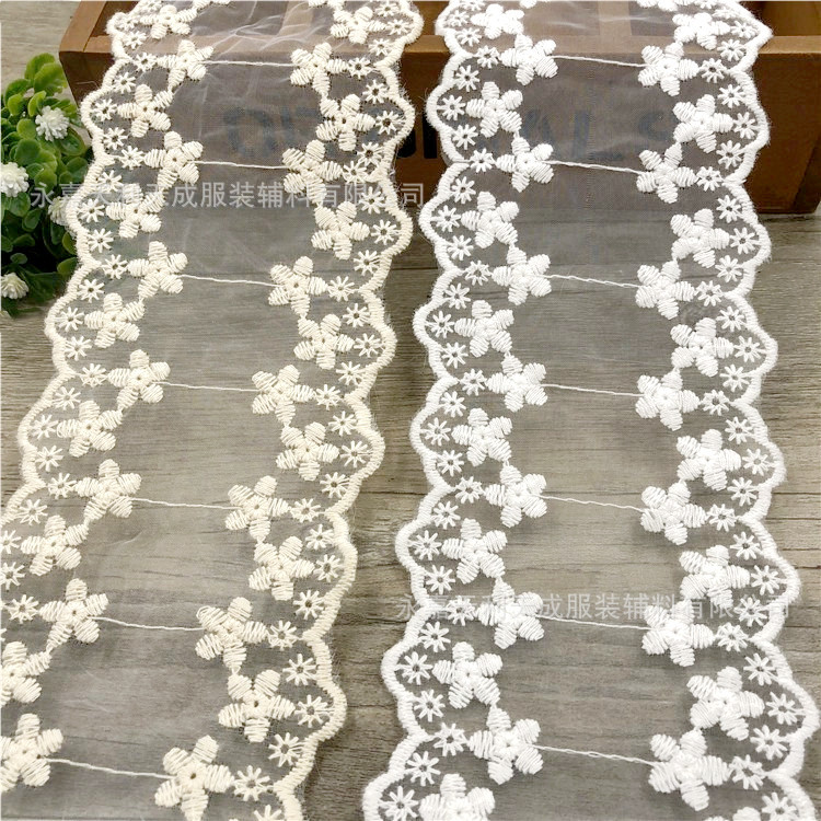 9CM梅花DIY蕾丝服装家纺工艺收纳筐双波浪边玻璃纱棉线刺绣花边