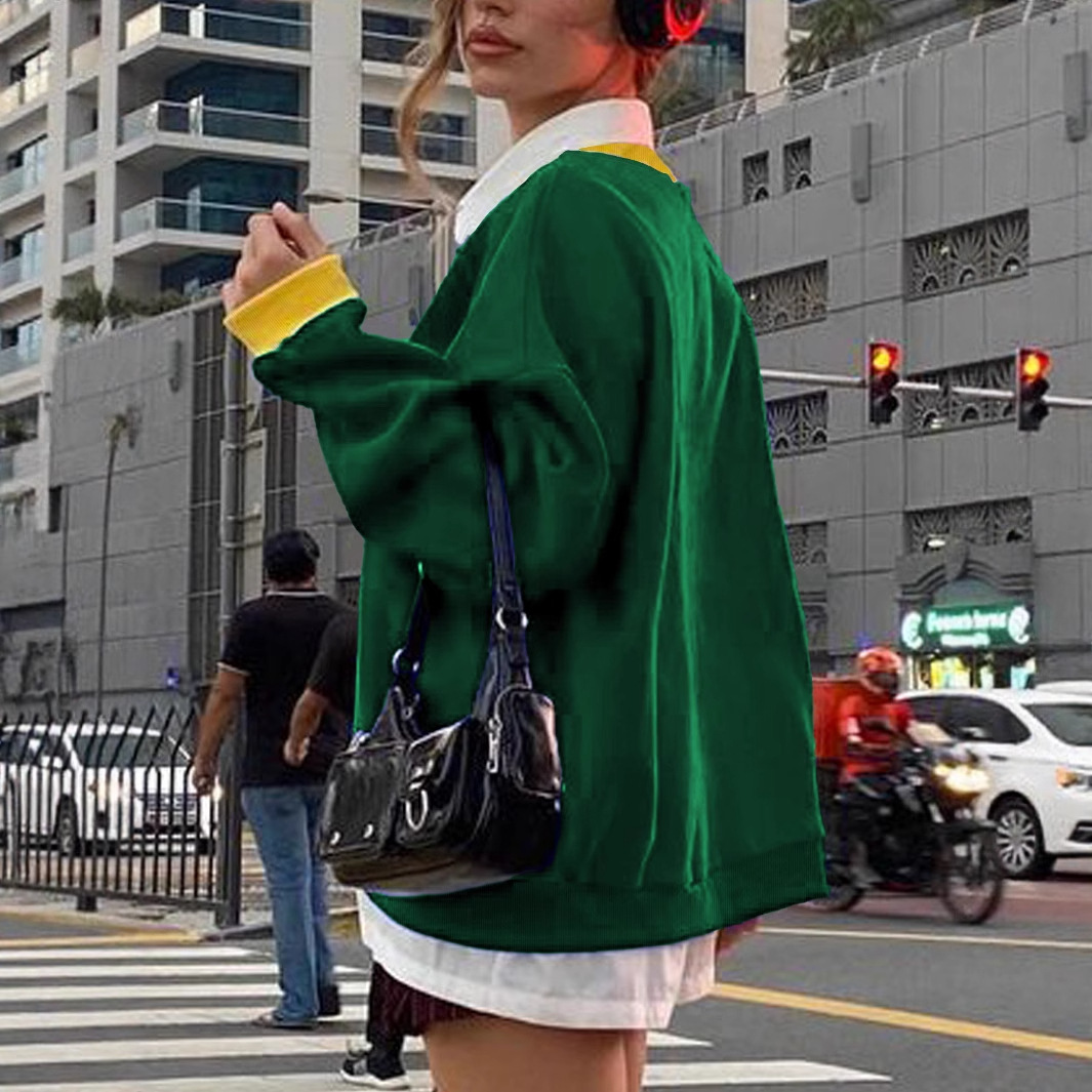 Felpa girocollo verde scuro autunno inverno stile americano con lettere di nicchia, slim e larga, da donna, stampa 3D_voghion.com