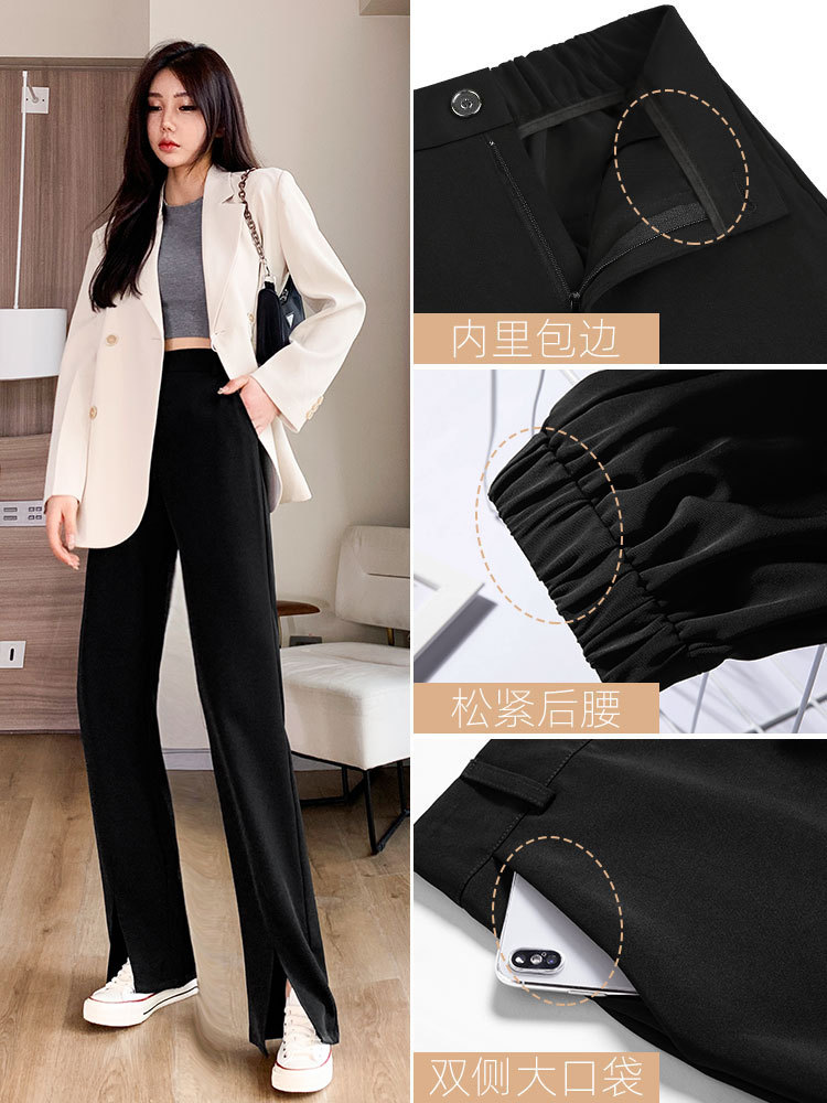 Pantalones anchos abiertos pantalones rectos negros para mujer 2023 nueva versión delgada pantalones casuales de traje de primavera con micro-cuerno