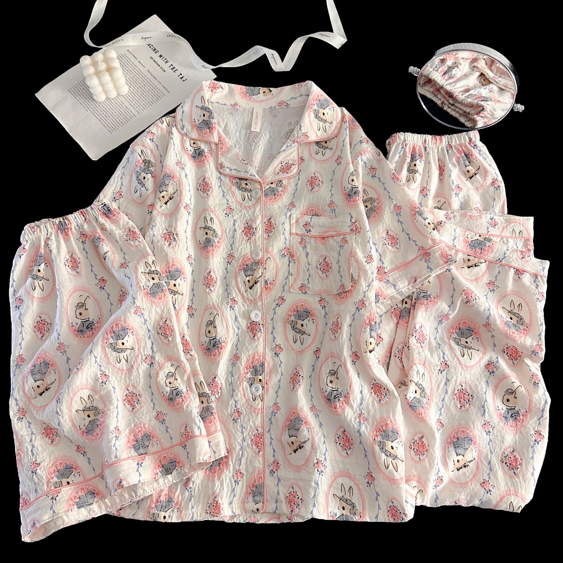 Comercio exterior transfronterizo 120G nube algodón traje de tres piezas pole point kt gato pijamas mujeres lindo solapa pantalones de manga corta servicio a domicilio