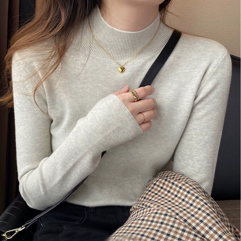 Шерстяной трикотаж, женская новая черная Базовая рубашка с высоким воротником до локтя, осенне-зимний Универсальный стильный приталенный топ с длинными рукавами внутри