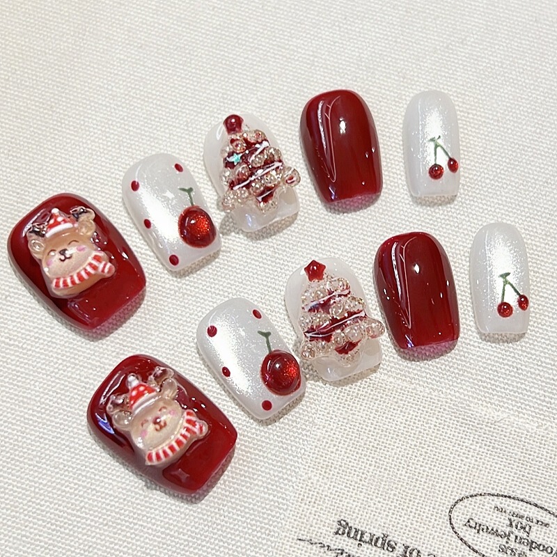 Popular Holiday Christmas Press-On Nails, High-Quality Three-Dimensional Cartoon Christmas Elements, Autumn and Winter Handmade Press-On Nails