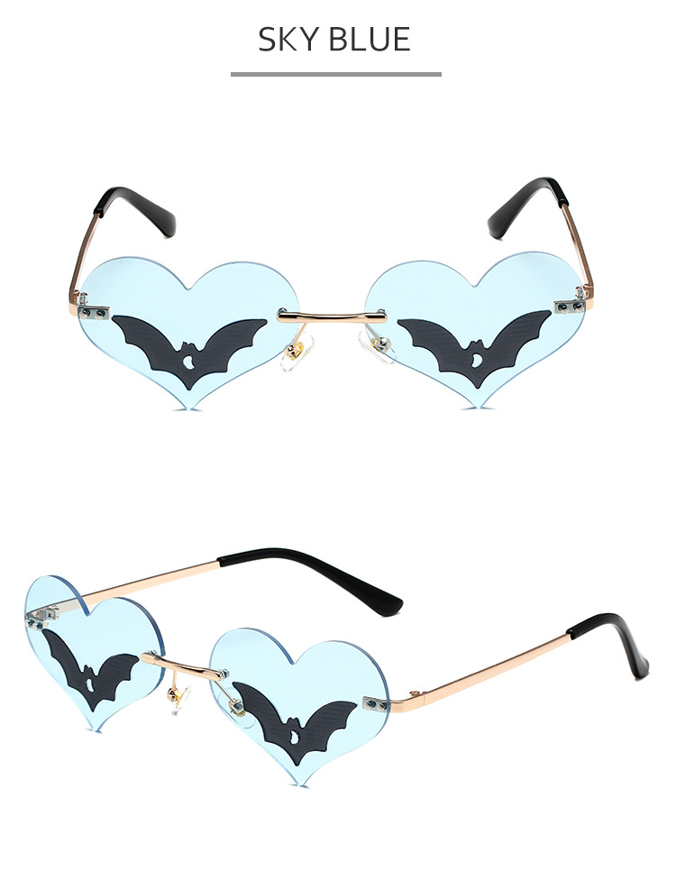 36g Weight Frameless Glasses Structure Sunglasses Classification PC, UV400 Protection Lens Material Special-Shaped Mirror Glasses Style Daily, Street Occasion Halloween Festival Heart Shape, Bat Pattern Unisex Gender Streetwear Style Black Color Streetwear Heart Shape Bat PC UV400 Protection Special-Shaped Mirror Frameless Women's Sunglasses 12
