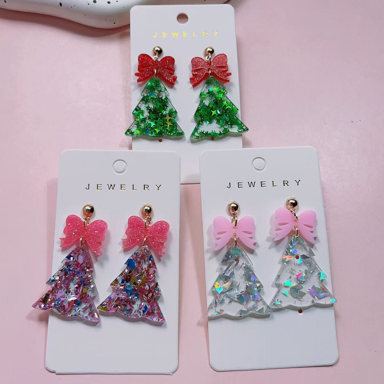 Cross-Border European and American Christmas Earrings, Fashionable and Creative Ear Studs, Christmas Tree Bow Earrings, Wholesale Dopamine Earrings