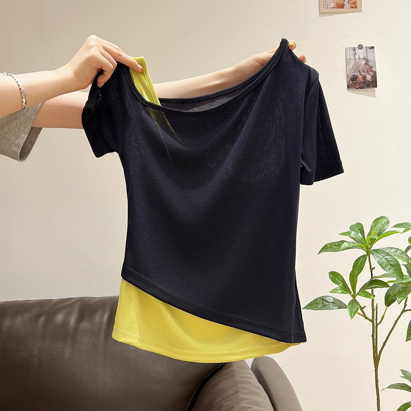Xia Zhen поддельная двухсекционная асимметричная футболка с короткими рукавами контрастного цвета для женщин, лето 2025, утягивающий топ с открытыми плечами