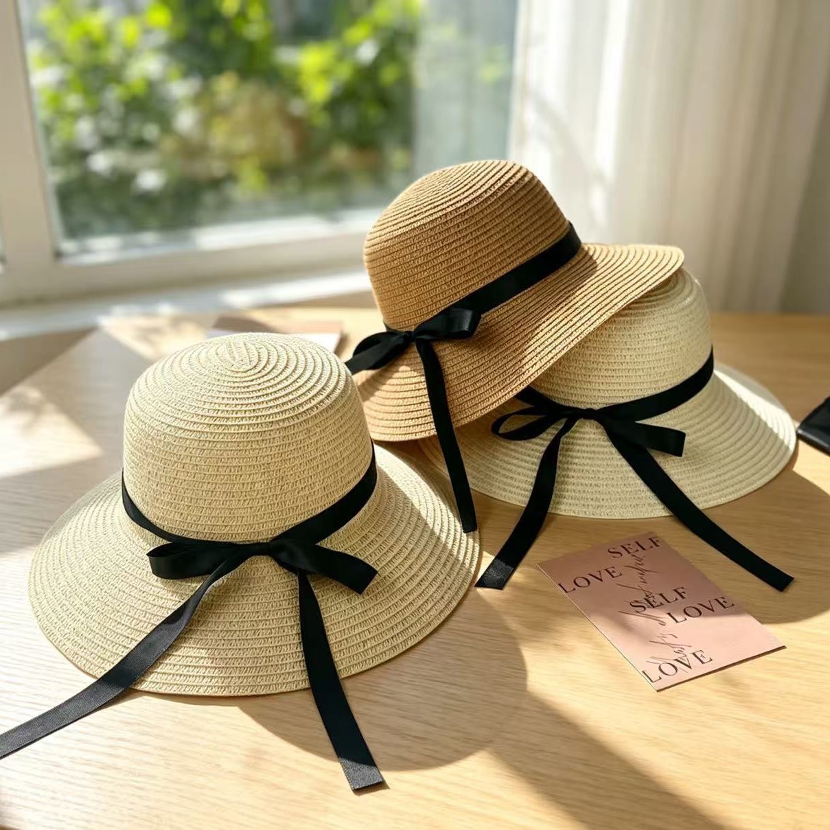Sombrero de paja para el sol de verano para mujer con lazo de cinta negra, sombrero de ala ancha, sombrero tipo cubo para adultos, sombrero de protección solar para mujer con ala ancha.