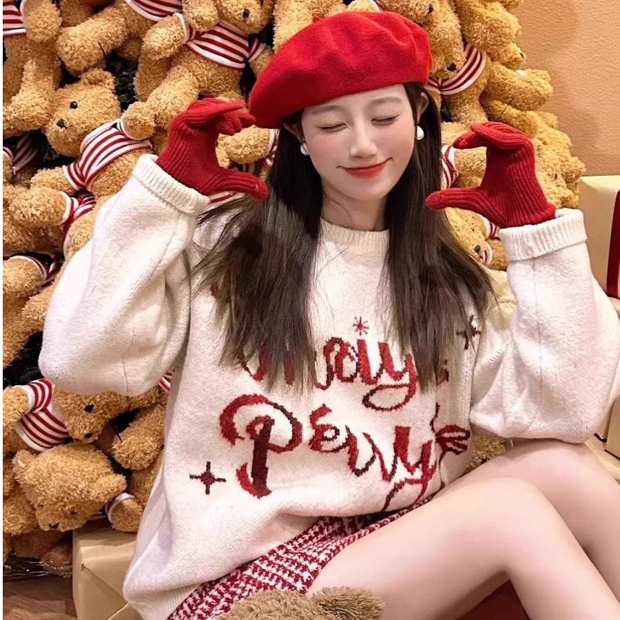 绵羊绒#甜美圣诞针织衫穿搭女秋冬季慵懒风软糯圆领毛衣上衣外穿