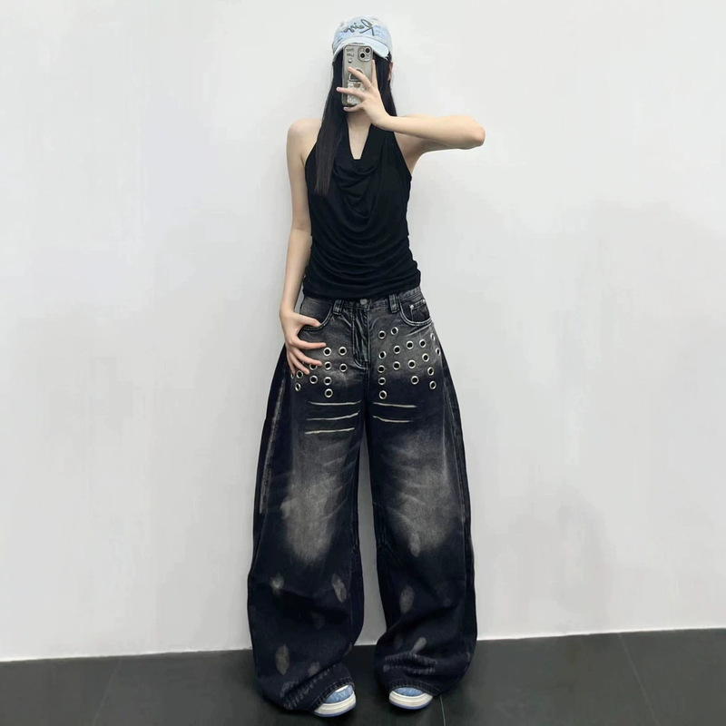 American-Style Metal Eyelet Wide-Leg Jeans for Women, Black and Gray Distressed with Ink Splatter, High-Waisted, Loose-Fitting, Floor-Length, Oversized Pants