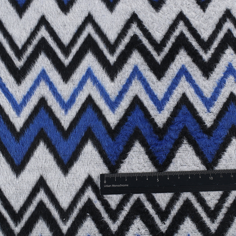 波浪条纹毛呢面料海蓝色羊毛格几何布料大衣外套面料批发粗毛呢