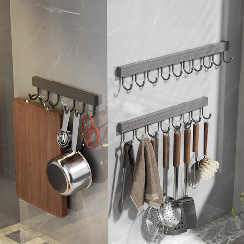 Hole-free kitchen hook rack hanging rod wall-mounted multi-functional kitchen utensil rack spoon shovel storage rack