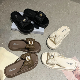 Mesh Bow Slippers Women's Summer Outer Wear 2024 New Korean Style Fairy Sandals Thickened Sandals for Women