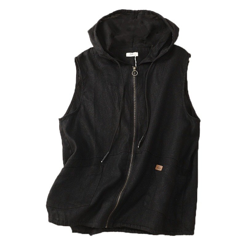 Nuevo artístico retro con capucha de lino cardigan Chaleco de las mujeres casual suelta primavera y otoño costura chaleco sin mangas abrigo corto