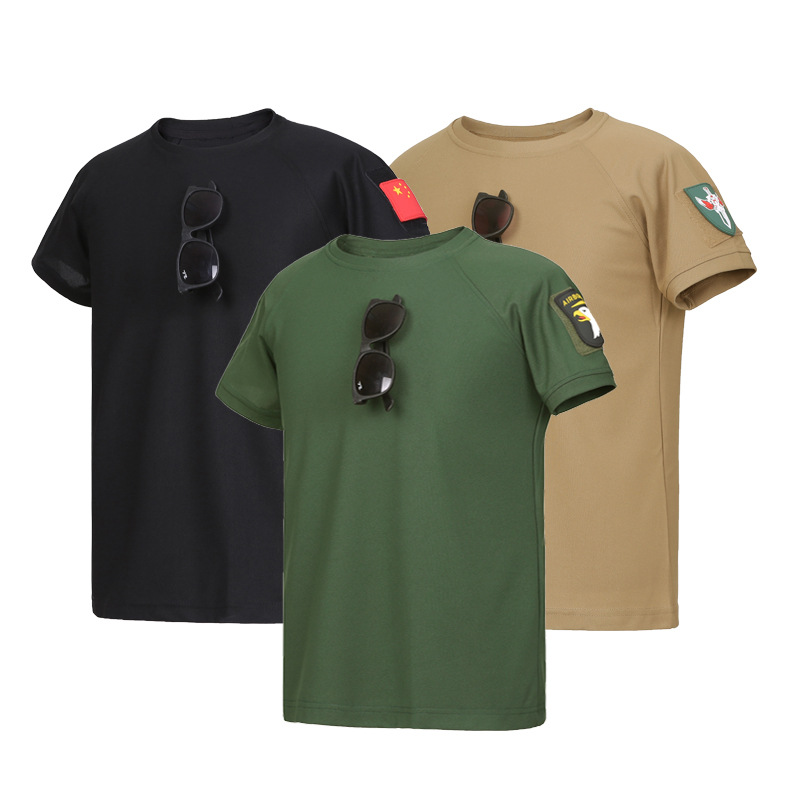Camiseta de manga corta elástica al aire libre, secado rápido, camiseta de entrenamiento transpirable de malla de verano para hombres, camiseta de cuello redondo táctica suelta, manga corta