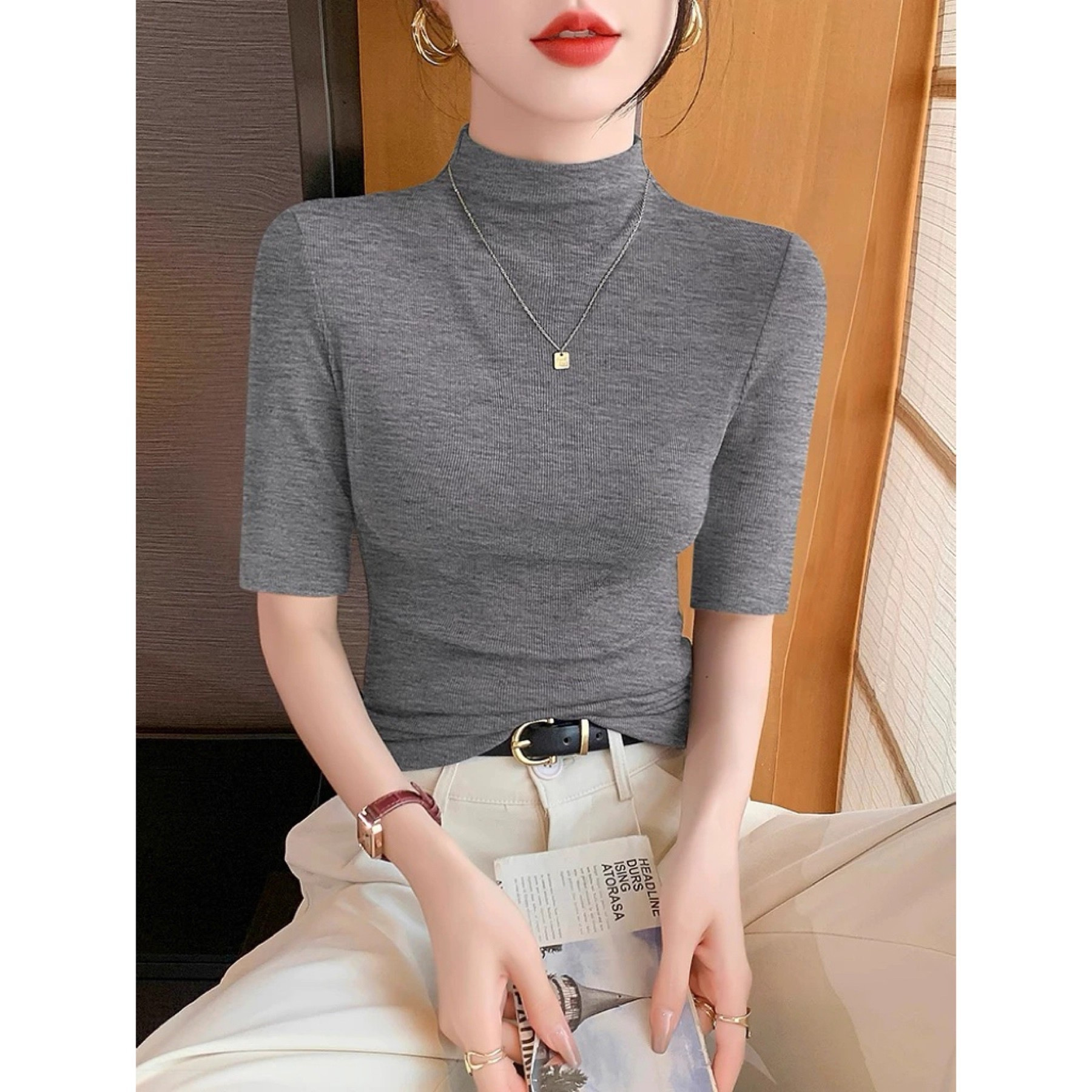 Half Turtleneck Mid-Sleeve T-Shirt Women's Bottoming Shirt with 2025 New Spring, Autumn and Winter Slim Fit High-End Half-Sleeved Top