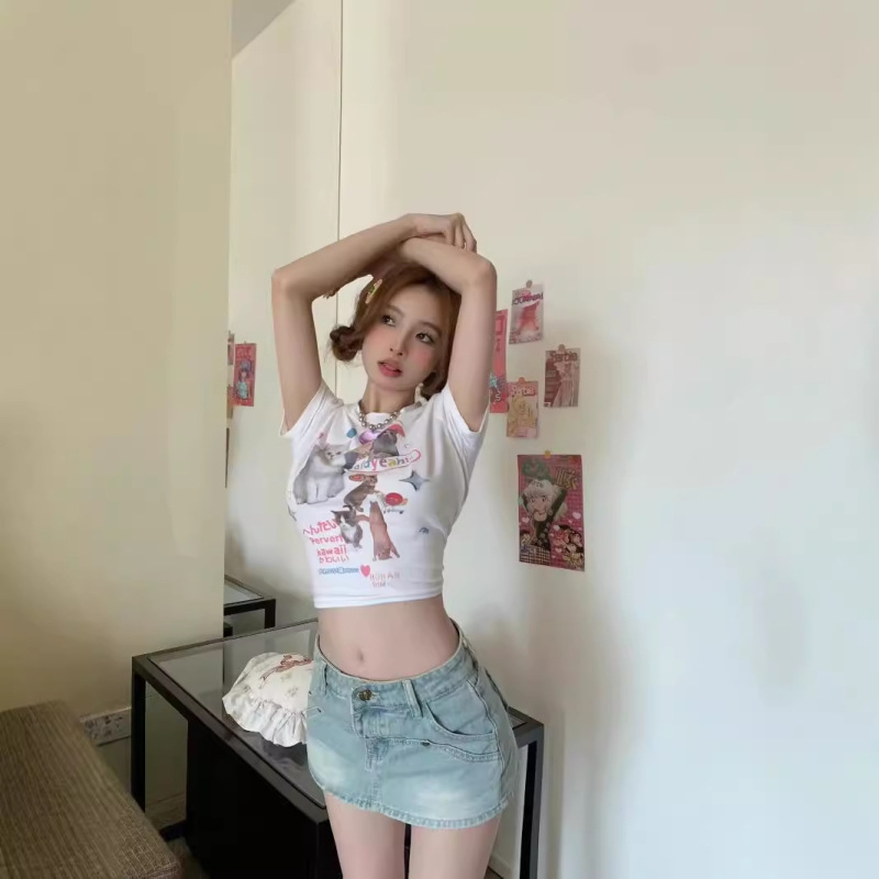 美式复古辣妹短袖T恤女2024夏修身显瘦高腰露脐短款猫咪印花上衣|undefined