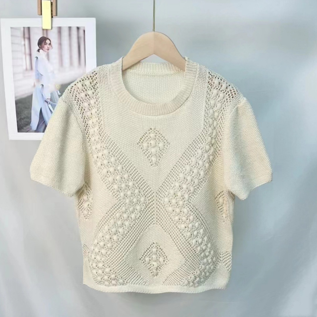 夏秋新款韩版设计感纯色百搭无袖开叉短袖镂空冰丝针织衫上衣女装