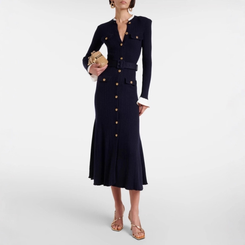 Autumn and Winter Designer Goddess Fashion Elegant Temperament Light Business Style Single-Breasted Slim Stretch Knit Long Dress