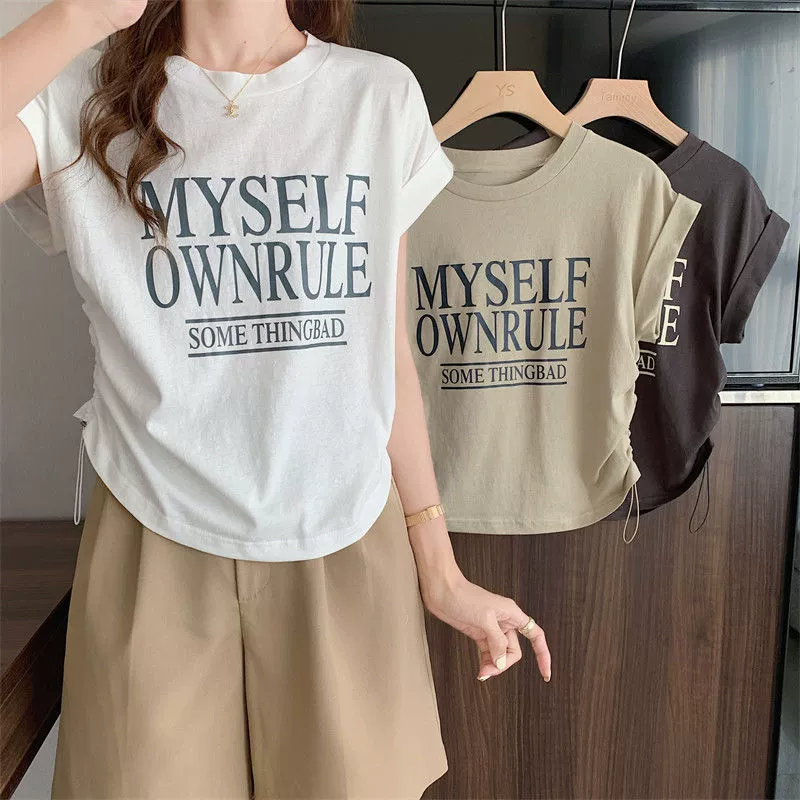 Женская футболка больших размеров в стиле ретро, с коротким рукавом, летняя, с длинным рукавом, новый корейский стиль, свободная, стройнящая, с завязками, дышащая.