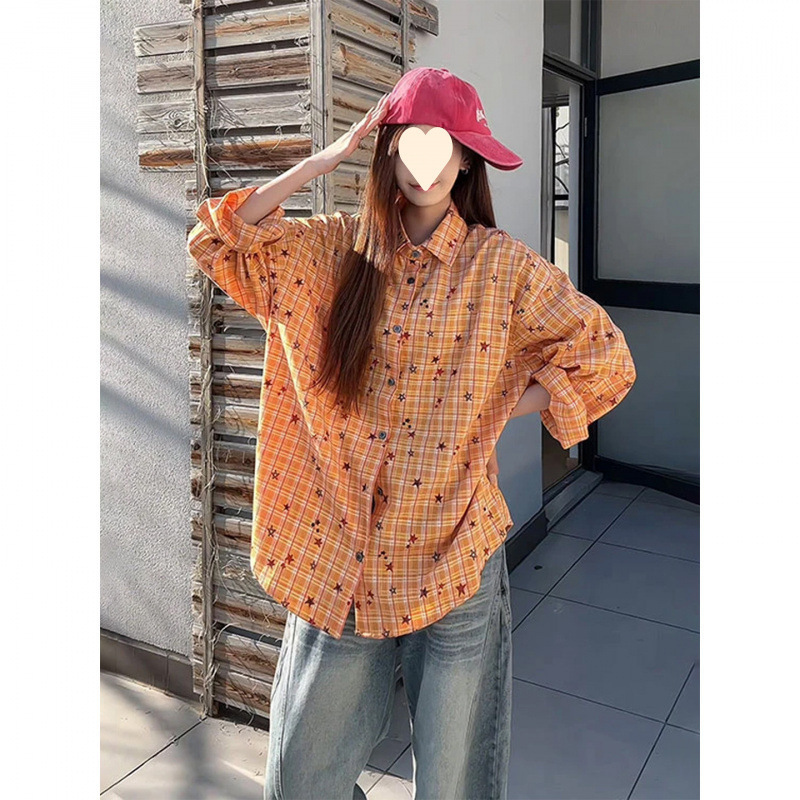 Orange Plaid Sun Protection Shirt for Women, Summer Thin Style, Loose and Lazy Style, Printed Design Shirt Orange Plaid Sun Protection Shirt for Women, Summer Thin Style, Loose and Lazy Style, Printed Design Shirt