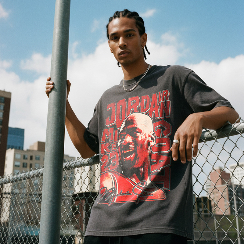 Cross-Border Aerial Acrobatics Mj Printed Short-Sleeve T-Shirt, High-Street Versatile Heavyweight Crew Neck Hoodie, Heavyweight Pure Cotton