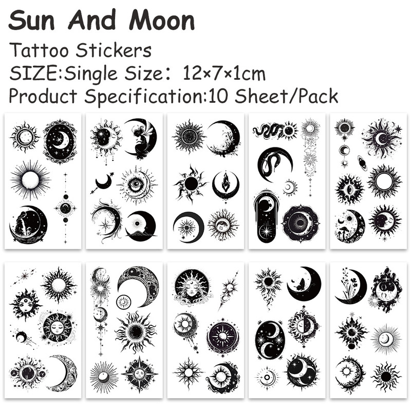 10 Sheets/Pack Black and White Sun and Moon Tattoo Stickers Party DIY Decorative Face Stickers Arm Stickers Available for Wholesale