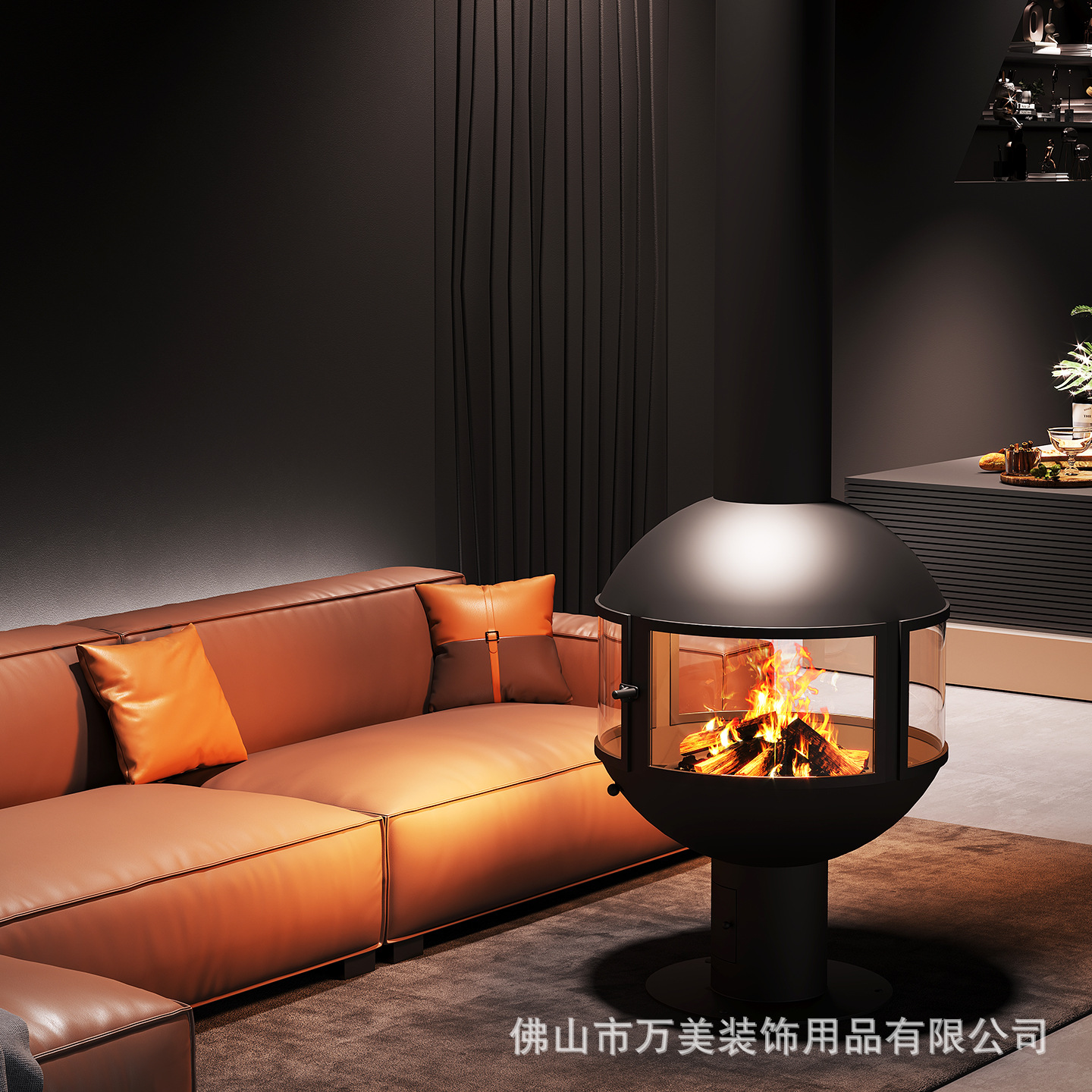 Minimalist and creative bowl-shaped wood-burning fireplace with a hanging smoke collection hood, designed for living room, corridor, guesthouse, and hotel landscaping