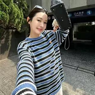 秋季上新宽松落肩大码毛衣女韩系慵懒风显瘦百搭圆领条纹长袖女装