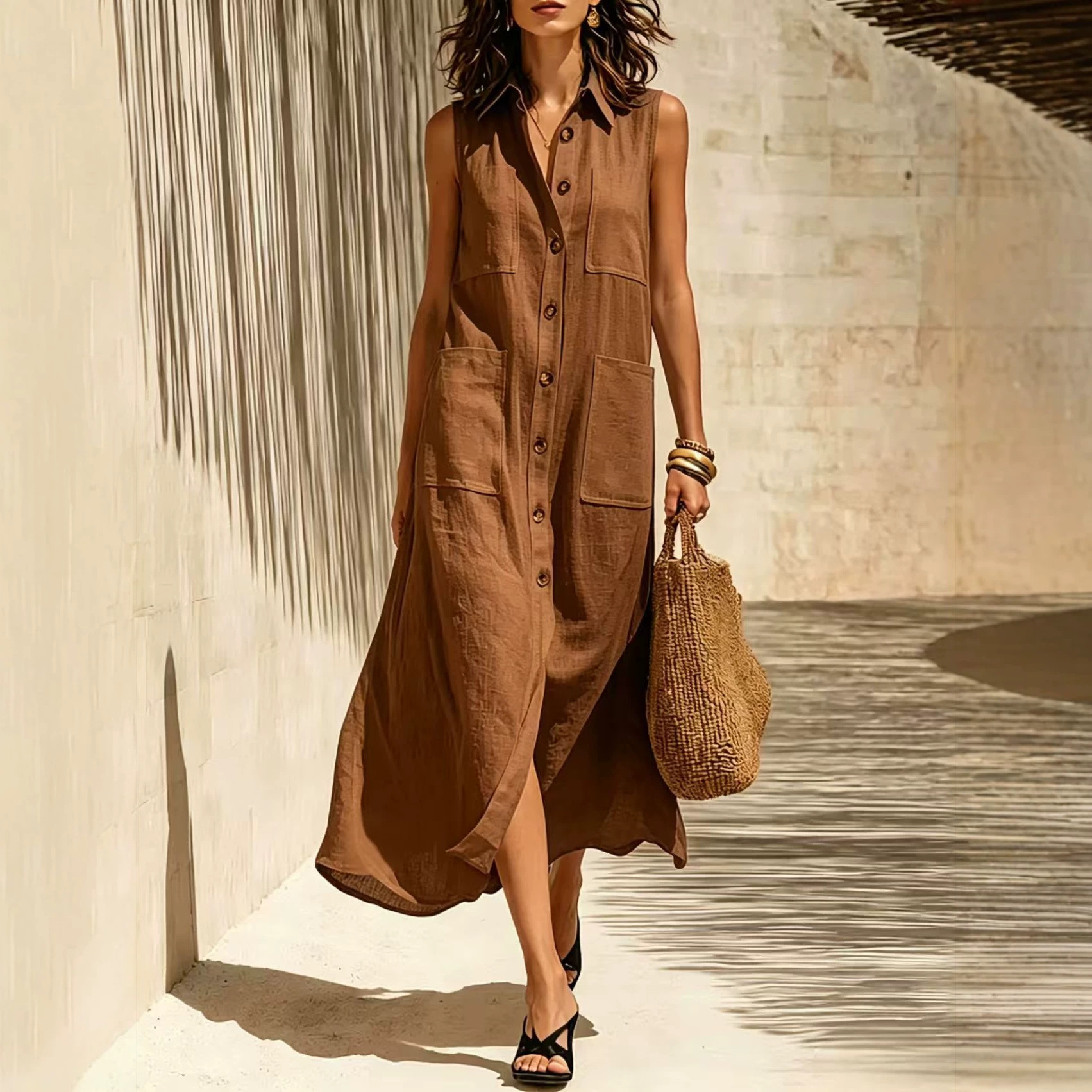 2026 New European and American Cross-Border Fashion Elegant Lady-Style Pocket Shirt Dress Loose Fit V-Neck Beach Vacation Style Dress