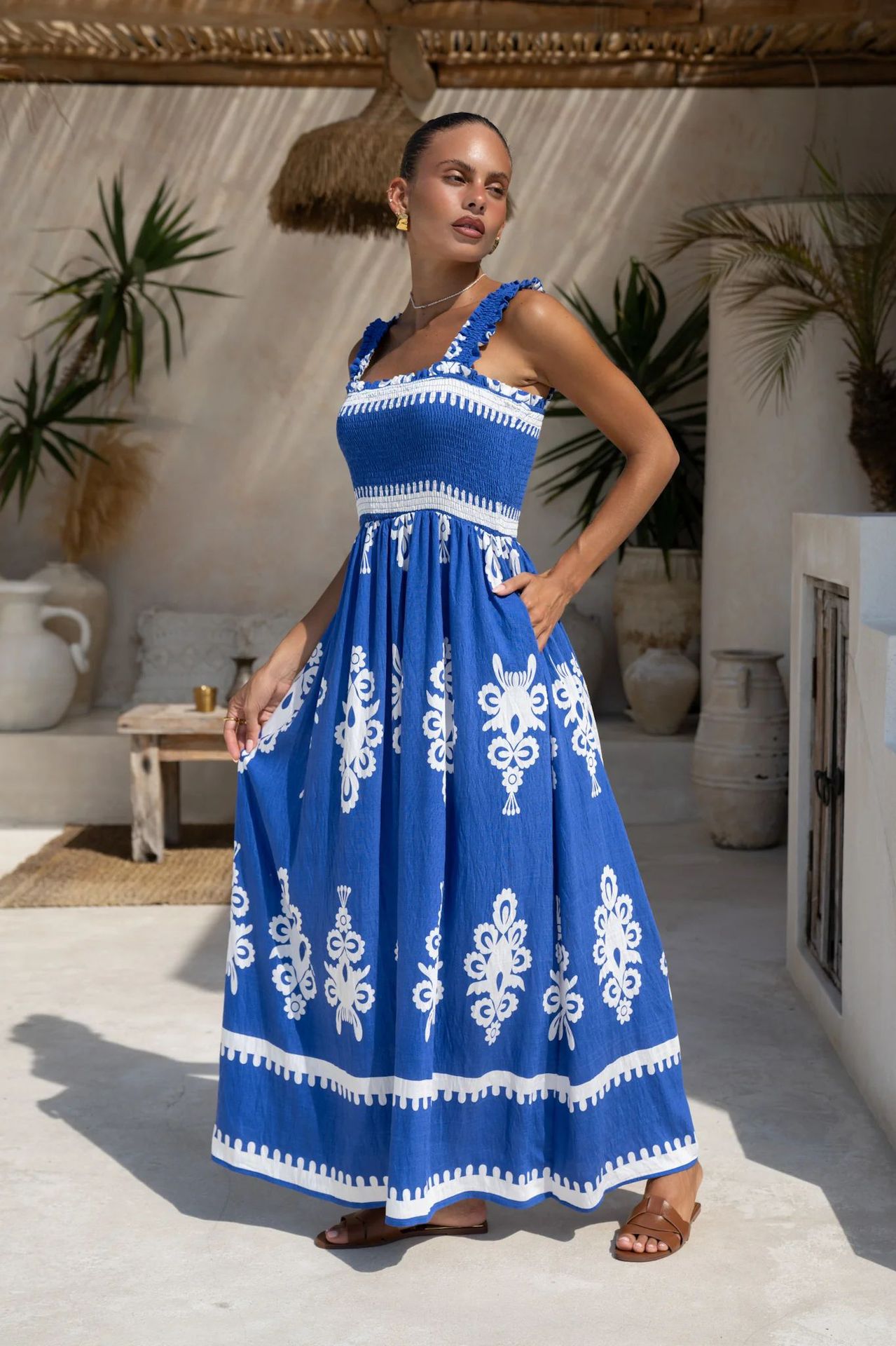 364g Weight Maxi Long Dress Dress Length Type Sleeveless Sleeve Length Strap Dress Dresses Type Polyester Fabric Type High Waist Waist Line Holiday Occasion Strap Neckline Loose Fit Type Printing Pattern 2025 Spring and Summer Season Women's Gender Elegant, Vacation Style Wholesale Women's Elegant Vacation Printing Holiday Strap Sleeveless Strap Dress 21