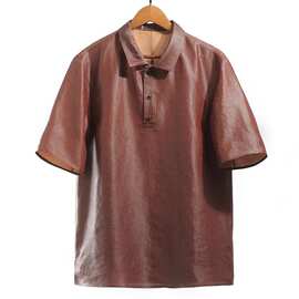 唐书新中式香云纱男装桑蚕丝男中国风休闲翻领宽松短袖薄中年衬衫