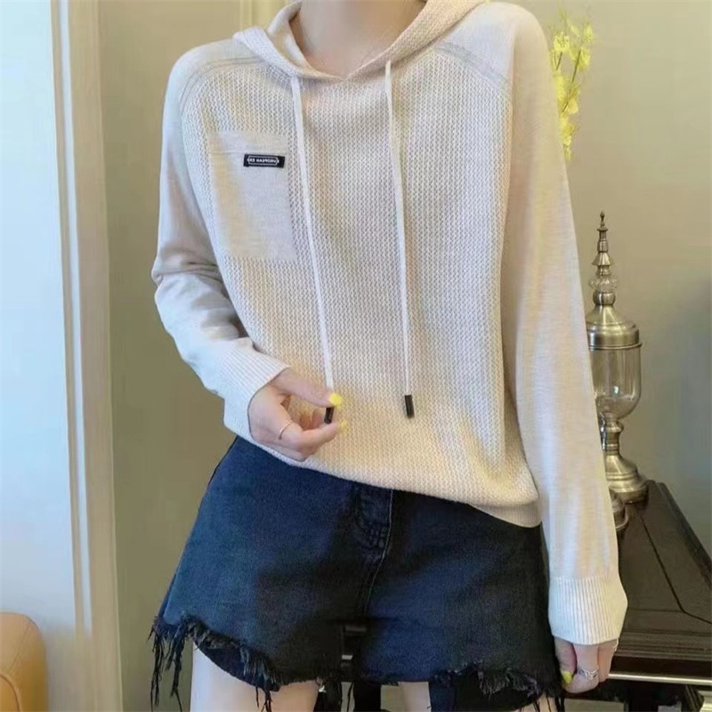 Long-Sleeved Short-Sleeved Knitwear for Women 2022 Hooded Sweatshirt Autum Sweater Pure Color Outwear Top Splicing Design
