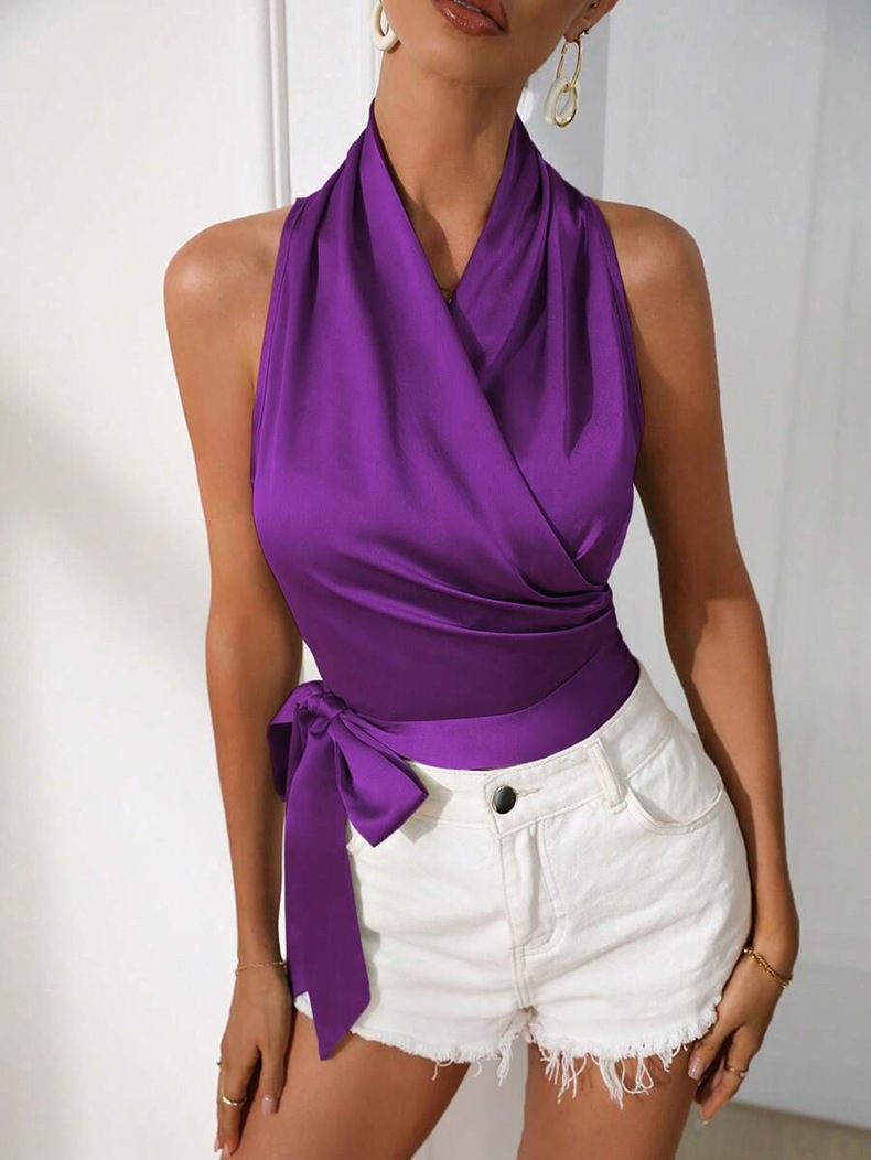 Camicetta donna in raso senza maniche top sexy con allacciatura_voghion.com