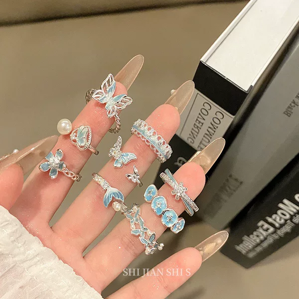 Flowers Bloom on Your Fingertips ~ Blue Drip Glaze Flower Butterfly Ring for Women, Niche Cool Index Finger Ring, Summer Stacking Ring