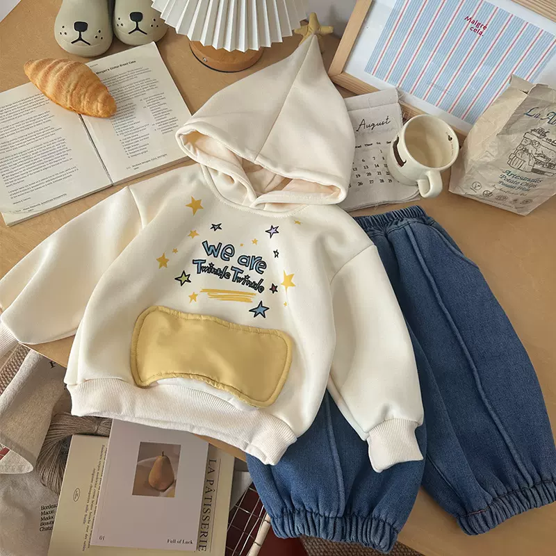 【现货】QY255310儿童加绒连帽卫衣2025秋冬韩版星星帽加绒童卫衣
