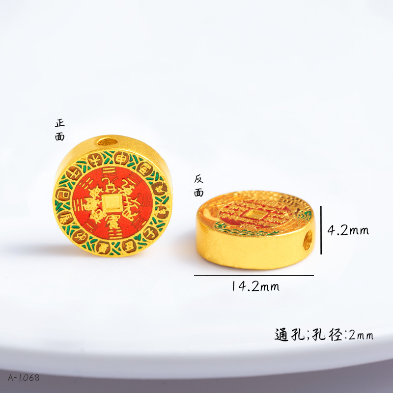 Copper Gold-Plated DIY Jewelry Accessories Wholesale, High Color Retention, Enamel Small Spacer Beads with Fortune Character, Through-Hole Enamel Jewelry