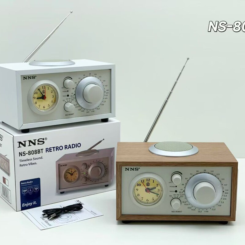 Cross-Border Ns-808Bt Retro Bluetooth Speaker Portable Home Use with Clock Knob Fm Three-Band Radio