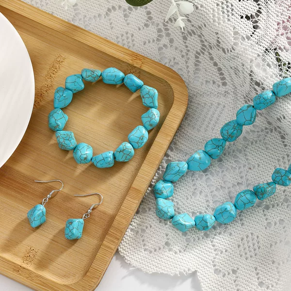 European and American Cross-Border Turquoise Bracelets Irregular Beaded Necklaces Elastic Bracelets Earrings Pendant Set Clavicle Necklace