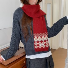 圣诞新年针织围巾女韩版复古费尔岛菱格提花围巾冬季加厚毛线围脖