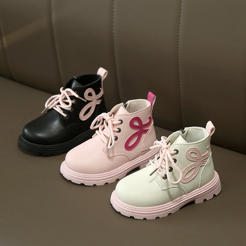 2025 Autumn New Children's Shoes Girls' Boots Side Zipper Sweet All-match Kids' Martin Boots Soft Sole Lace-up Foreign Trade