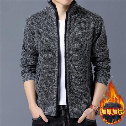 Autumn and Winter Men's Thickened Stand-Up Collar Knitted Cardigan Wholesale New Solid Color Jacket Trendy Middle-Aged Sweater Jacket
