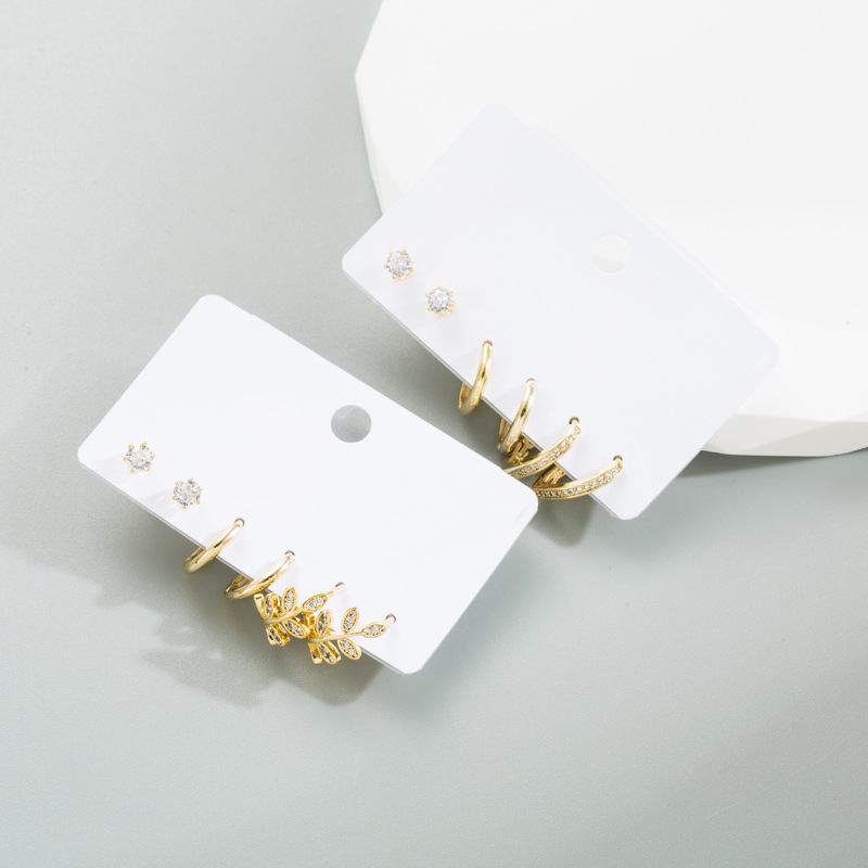 Fashion C Shape Leaf Copper Inlay Zircon Hoop Earrings 6 Pieces