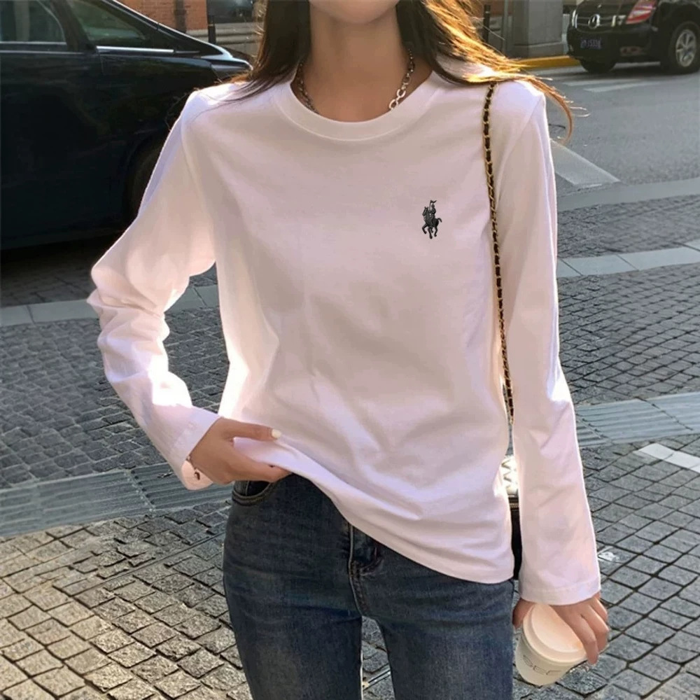 小马刺绣长袖打底衫女秋季纯棉正肩T恤内搭小众叠穿圆领宽松上衣
