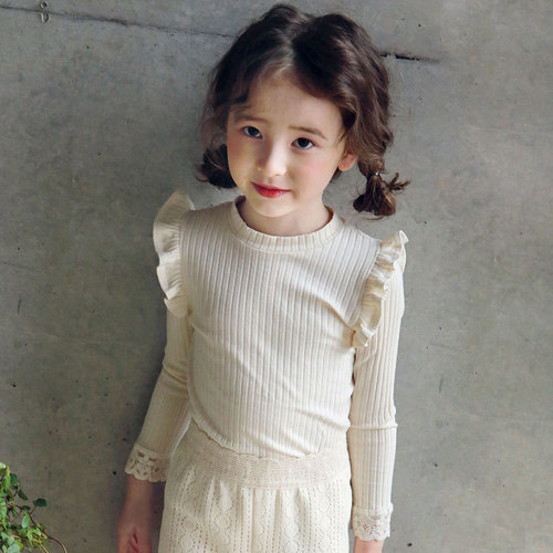 2024 Spring Girls T-Shirt Strawberry Shan Korean Version Children's Girls Flip Lace Sleeve T-Shirt