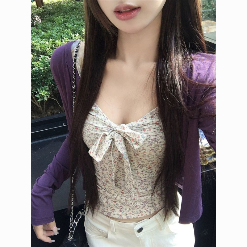 Gentle Style Korean Floral Backless Camisole for Women, New Summer Purple Cardigan Top Two-Piece Set