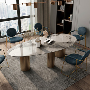 fs Light Rock Board Dining Table Luxury Stone Rock Board Large Apartment Villa Home Light Luxury Designer Drop-shaped Dining Table and Chair Set