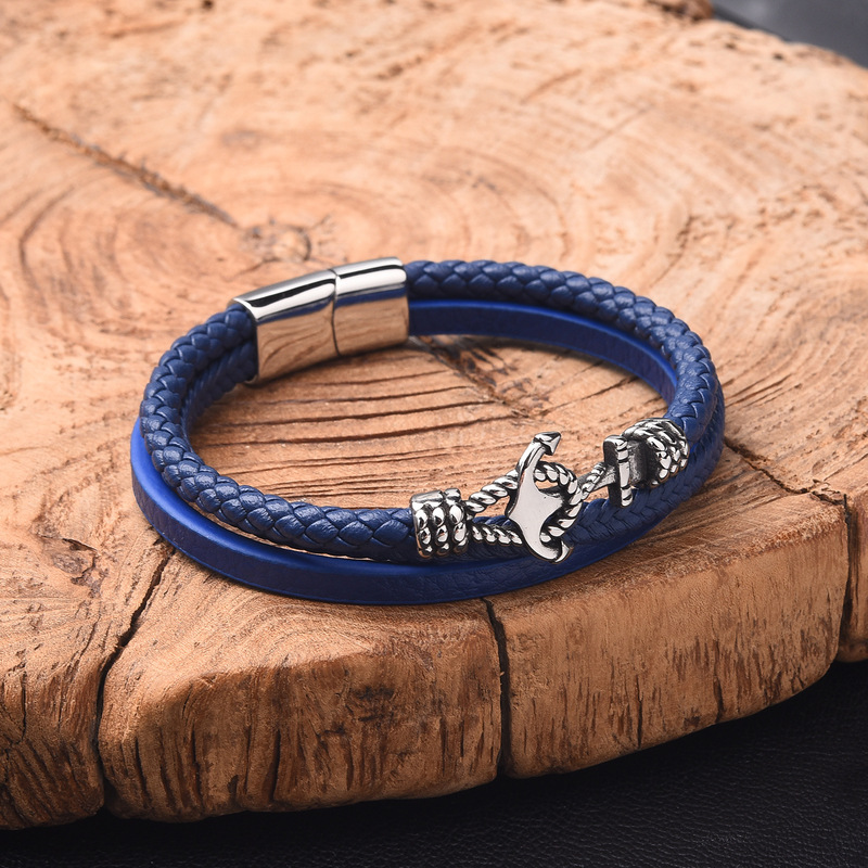 Foreign Trade Men's Stainless Steel Ship Anchor Leather Bracelet Retro Simple Multi-layer Woven Leather Stainless Steel Jewelry Bracelet