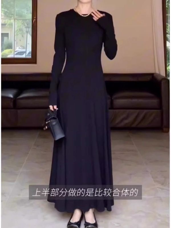法式赫本风黑色裙长袖连衣裙女春秋时尚感遮肚子a字长裙子打底裙|undefined