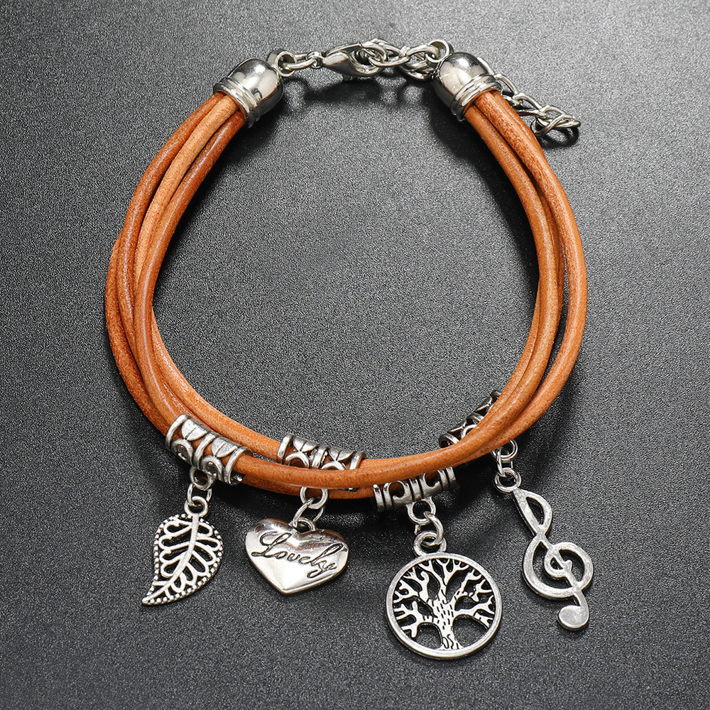 Retro Cross Leaf Notes Pu Leather Alloy Plating Unisex Bracelets display picture 22